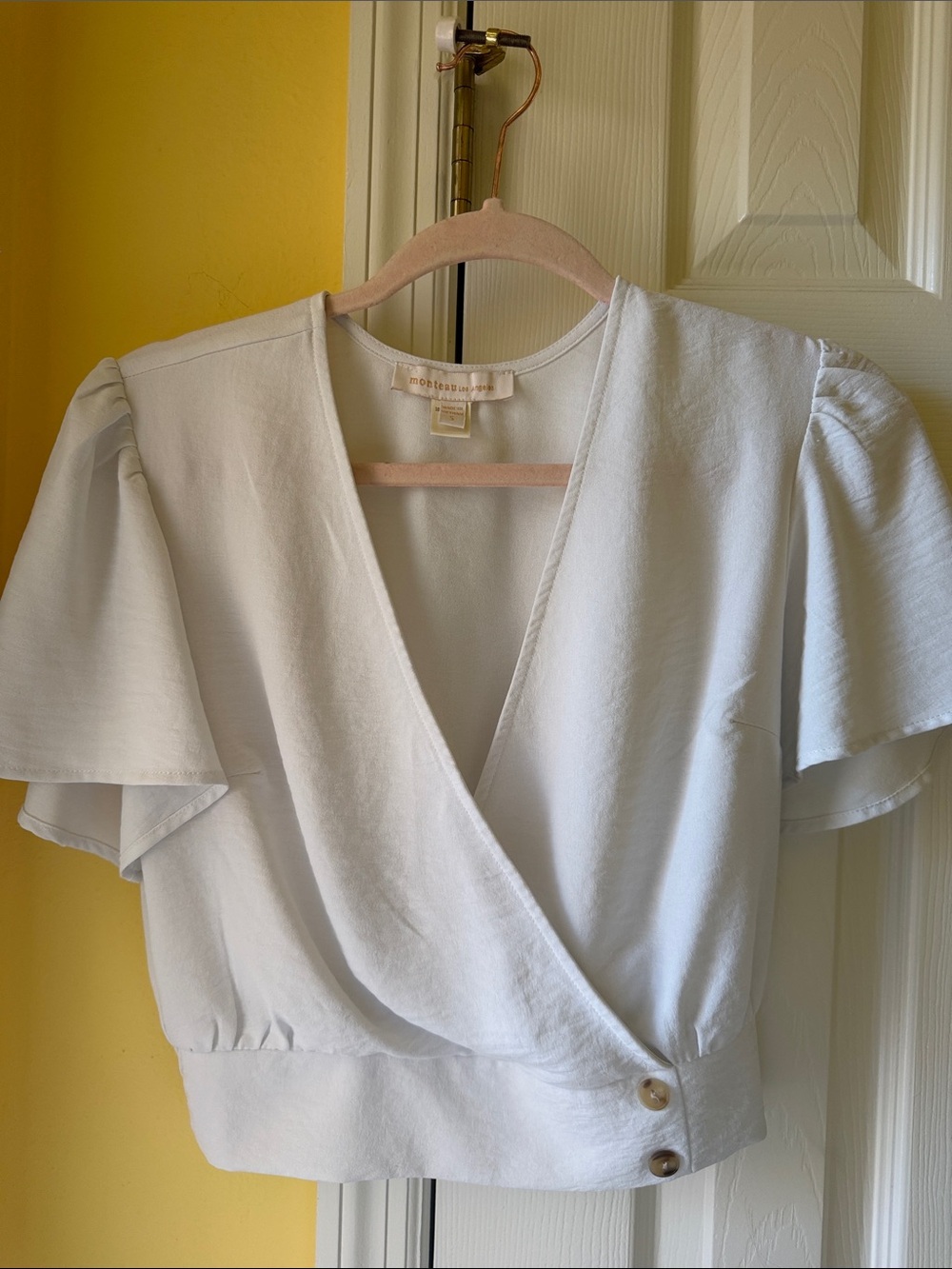 Soft Wrap Crop Top with Flutter Sleeves - Cream